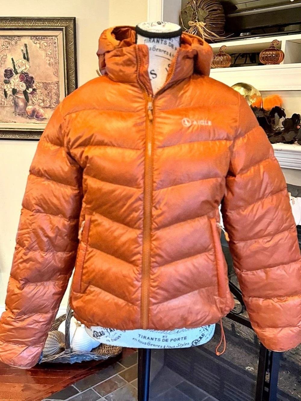 Aigle Premium Goose Down Hooded Puffer Ski Jacket Orange Full Zip Women’s Medium